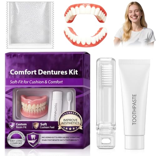Temporary Denture Kit,Heat Moldable Custom Fit Upper Lower False Teeth