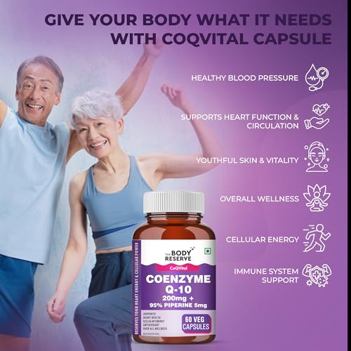 Image of The Body Reserve Coenzyme Q10 200mg with 95% Piperine - High Absorption CoQ10 Supplement for Heart & Vascular Health | Supports Energy Production & Cellular Function | Powerful Antioxidant | 60 Vegetarian Capsules