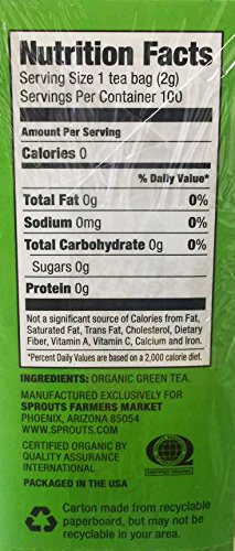 Sprouts Quality Hot or Cold Organic Tea Bags 100 (Green Tea)