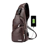 [page_title]-Pawaca Herren Sling Schultertasche, PU-Leder Outdoor-Brusttasche mit USB-Port Casual Umhängetasche Satchel Rucksack für Herren Business, Wandern, Reisen