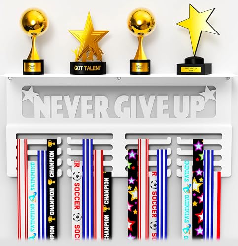 Never Give Up Medal Hanger Display with Trophy Shelf - Easy Install White Medal Awards Display for Walls Holds 64+ Sports Medals - Our Medal Holder Rack Includes 10 Inspirational Stickers (White)