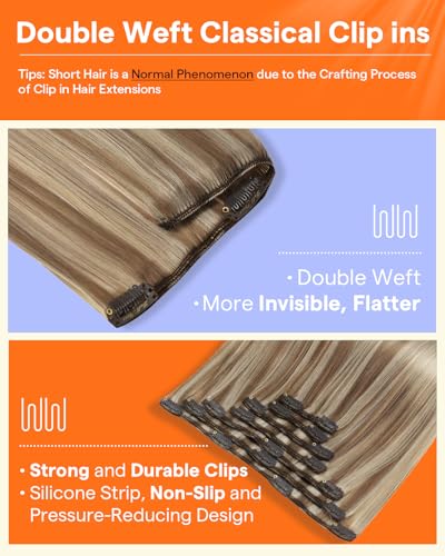 Image of Full Shine Balayage Clip in Hair Extensions Real Human Hair | Blonde Human Hair Extensions Clip ins, Clip in Extensions, Color 10 Fading to 16 And 16 Blonde, 7 Pcs 22 Inch 120g