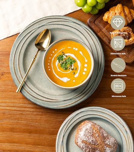 Image of GBHOME Ceramic Dinnerware Sets,12 pcs Embossed Elegant Stoneware Plates and Bowls Sets, Housewarming Wedding Gift | Dishwasher & Microwave Safe | Dishes Set Service for 6