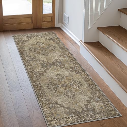 GENIMO 2'6''x10 Runner Rugs for Hallway, Machine Washable Non Slip Vintage Rugs, Low Pile Lightweight Soft Print Rug for enrtyway, Corridor, Home Office, Kitchen, Rustic Brown