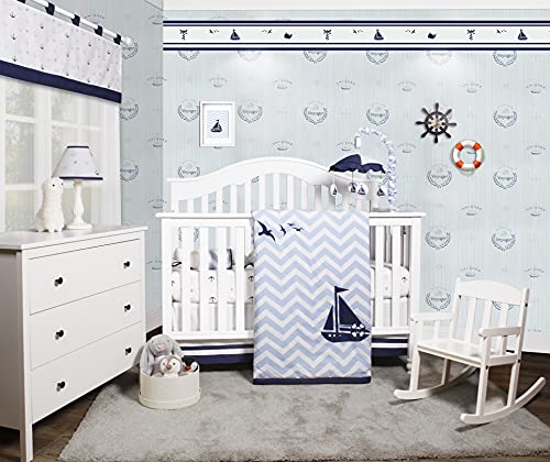 Image of OptimaBaby 5-Piece Baby Crib Bedding Set - Crib Quilt, Skirt, Fitted Sheet, Window Valance, Accent Pillow - Baby Boy, Girl Room Nursery Decor and Bedding Ensemble - Sailor