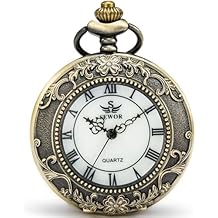 SEWOR Quartz Pocket Watch Shell Dial Magnifier Case with Two Type Chain Leather+Metal Bronze