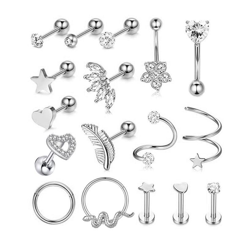LYLYMIMI 16G Cartilage Earring Studs Hoops Set 316L Stainless Steel Cartilage Piercing Jewelry for Women Men Conch Rook Helix Tragus Daith Forward Tragus Piercing Jewelry 17Pcs