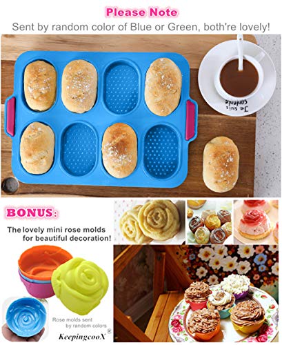 KeepingcooX Mini Baguette Baking Tray, 11x9 in, Non-stick Perforated Pan - Blue, Silicone, Oval
