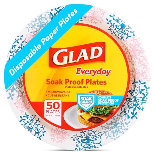 Glad Round Disposable Paper Plates for All Occasions | Soak Proof, Cut Proof, Microwaveable Heavy Duty Disposable Plates | 8.5" Diameter, 50 Count Bulk Paper Plates
