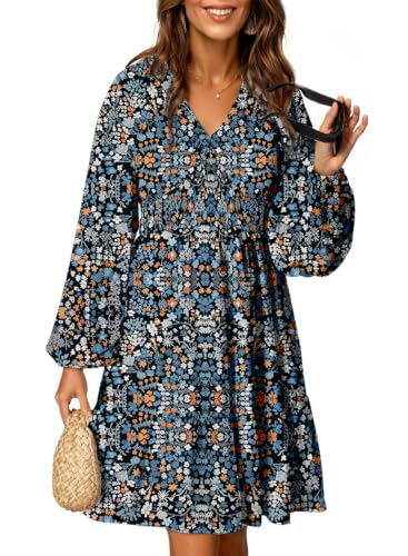 Image of Dokotoo Womens Dresses Boho Floral V Neck Long Sleeve Smocked Elastic Waist Casual A-Line Mini Dress Sundress