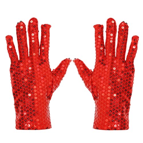 PENTA ANGEL Sequin Gloves 80s Vintage Classic Glitter Dance Rave Dress Up Gloves for Women Halloween Masquerade Costume (Red Short)
