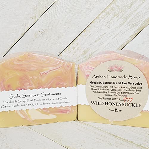 WILD HONEYSUCKLE Goat Milk Soap is a mix of Tuberose, Nectarine, Cherry, Honeysuckle, Jasmine, Rose, Sandalwood & Musk. A 5 oz Body Bar handmade in the USA with Organic and Food Grade Ingredients.