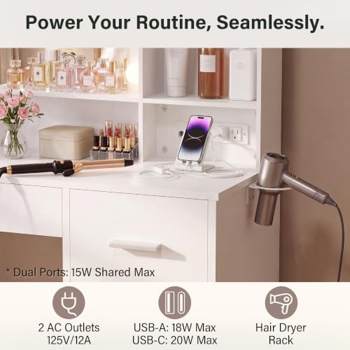 Image of YESHOMY 39 inch Vanity Desk with Mirror & Lights, Makeup Vanity Table with Power Outlet & Storage Drawers, 3 Color LED Lighting, Dressing Table for Bedroom,Modern White