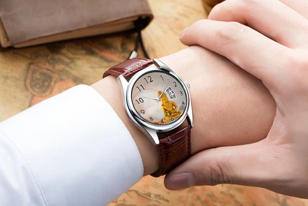 Reloj casual impermeable de cuarzo para hombre, reloj de fecha, clásico, de negocios, de cuero marrón, reloj de pulsera de Navidad, reloj de oro de Buda, marrón, comercial, Marrón, Comercial
