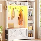 Itaar Hall Tree with Bench and Shoe Storage, Farmhouse Entryway Bench with Coat Rack, Shoe Cabinet with Flip Drawers, 7 Shelves, 10 Coat Hooks, Storage Bag, Led Lights, White