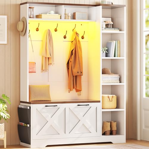 Itaar Hall Tree with Bench and Shoe Storage, Farmhouse Entryway Bench with Coat Rack, Shoe Cabinet with Flip Drawers, 7 Shelves, 10 Coat Hooks, Storage Bag, Led Lights, White