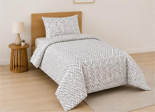 Image of 210 TC Glace Cotton Soft Cotton Zig Zag Design Flat Queen Size 60x90 inches Bedsheet Set - Lightweight & Durable 1 Bed Sheet with 1 Pillowcase 17x27 inches Grey