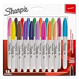 Beinhaltet 18 Sharpie Permanentmarker in den Farben Gelb, Braun, Lila, Navy, Boysenbeere, Magenta, Mandarine, Pfirsich, Pink, Schwarz, Rot, Blau, Grün, Orange, Technoblau, Limette, Beere und Aqua