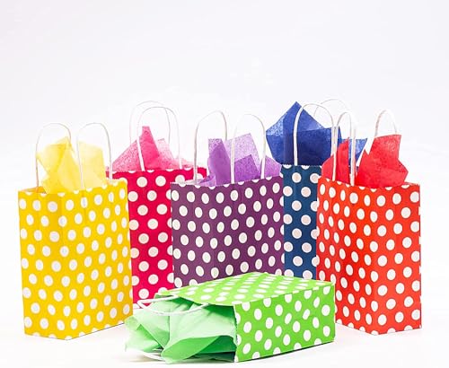 Image of RanGit Bhumi 48 pcs Color Paper Bags with Polka Dots 8x4x10 inch - Party Favor Goodie Candy Gift Paper Bags for birthday, wedding, engagement party and other festivals (Multi Color)