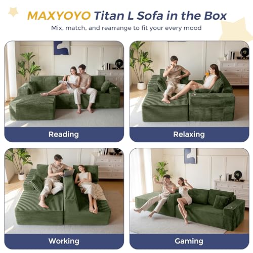 Image of MAXYOYO 104 inch Modular Sectional Couch with L-Shape Chaise, Modern Boneless Couch for Living Room, Sofa in A Box, Oversized Sofa with Deep Seat, No Assembly Required, Green