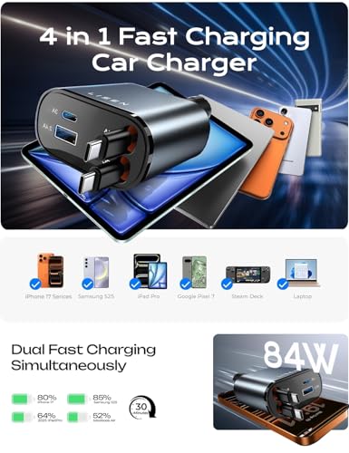 Image of LISEN Retractable Car Charger, Duanl C Retractable Car Chagrer 84W Car Charger USB C Fast Charger Adapter, Car Accessories for Men Women, for iPhone 17 16 15 14 13 12 Pro Max, Grey