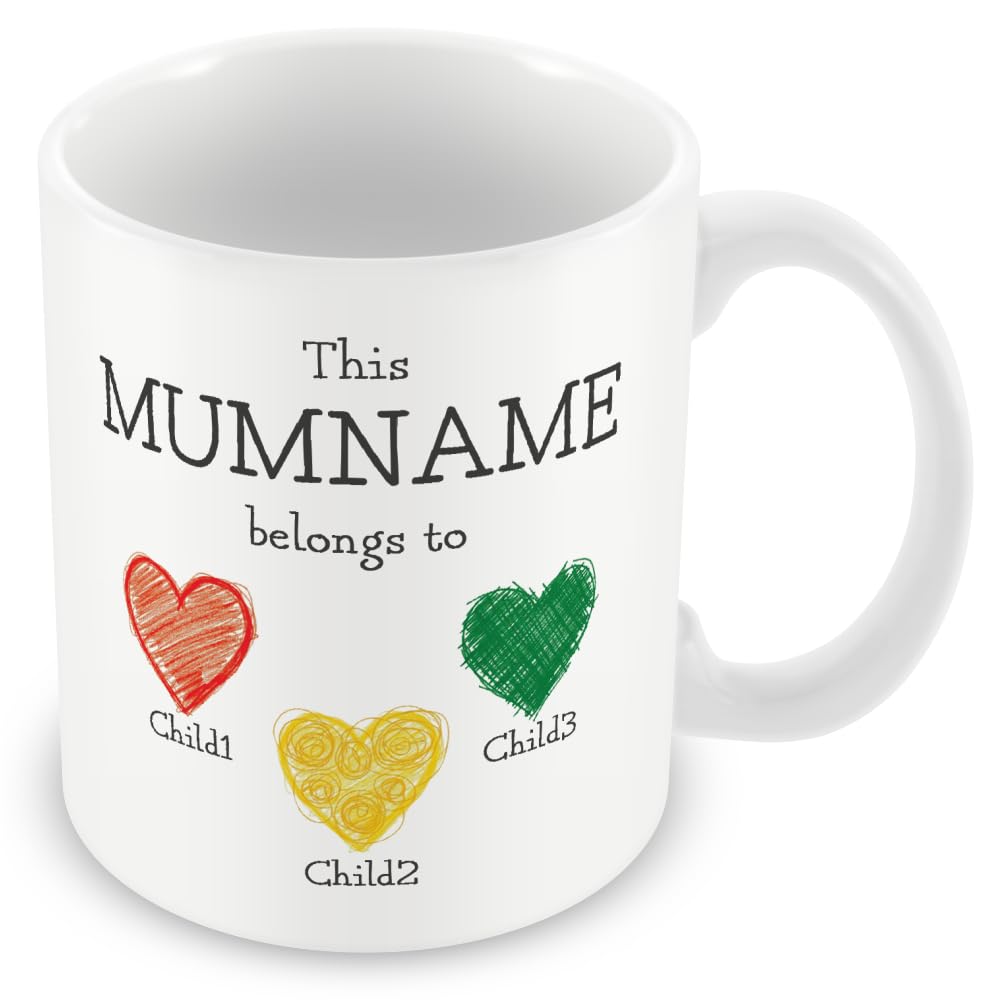 Personalised “This Mum Belongs to” Mug – Custom Children Names Heart Mug for Mum – Cute Kids Drawing Style Mother’s Day Gift – Up to 5 Children – Add Matching Card or Coaster
