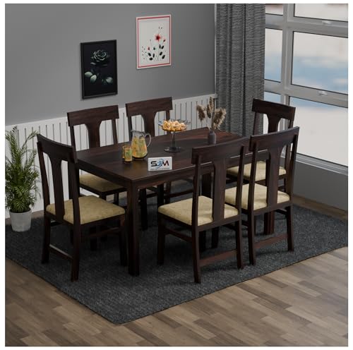 Image of Rajasthan King Solid Wood 6 Seater Dining Set with Classic T-Back Design Cushion Chairs | Wooden Dining Table Set for Dining Room | Finish Color - Warm Chestnut Finish |