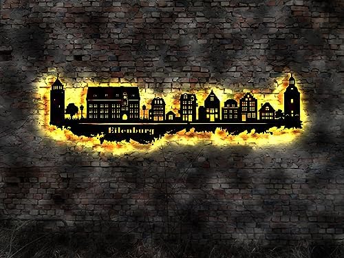 Skyline Gotha LED Wandbild Holz Stadt AK Karte Map Stadtplan Wandsticker Leuchtbild Neonreklame Wandtattoo Reiseführer Silhouette