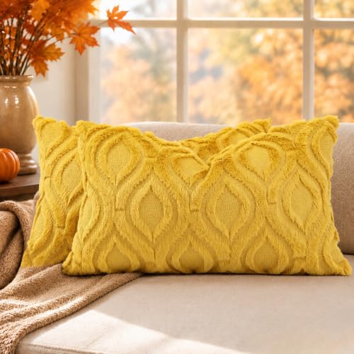 Image of decorUhome Fall Throw Pillow Covers 12x20 Inch Set of 2, Soft Plush Faux Wool Mustard Yellow Solid Couch Pillow Covers, Accent Farmhouse Neutral Rectangle Pillow Cases for Sofa Bed Living Room
