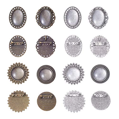 PH PandaHall 16 Sets Pin Brooch Bezel Blanks Cabochon Setting, 16pcs 4 Style Oval Round Brooch Tray with 16pcs Glass Dome for DIY Jewelry Making