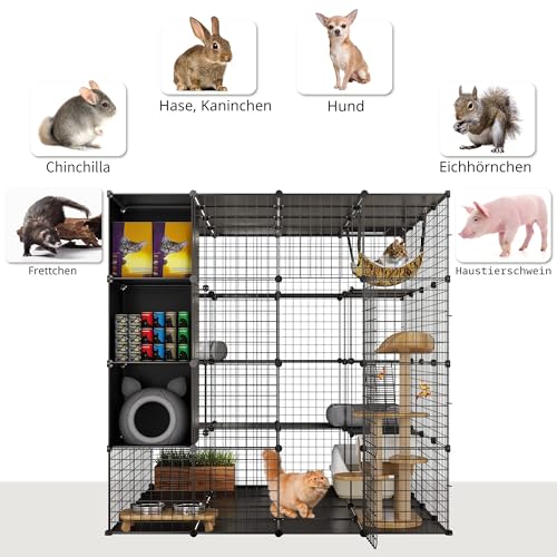 YITAHOME Großer Katzenkäfig mit Aufbewahrungswürfel DIY Indoor Katzengehege Metall-Katzenlaufstall mit großer Hängematte für 1–4 Katzen, 4-stöckige Katzenhütte für Katzen, Schwarz 140 x 140 x 140 cm