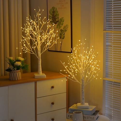 2 Pack 144 LED Artificial Tree Lamp with Timer, DIY Birch Tree with LED Lights, Lighted up Tree Lamp USB/Battery Powered, Fairy Light Spirit Tree for Table Home Bedroom Christmas (Warm White)