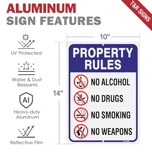 Image of T&R Large Property Rules Sign No Alcohol No Drugs No Smoking No Weapons Sign - 14 x 10 Inches Rust Free .040 Aluminum Reflective - UV Protected, Waterproof and Fade Resistant - 6 Pre-drilled Holes