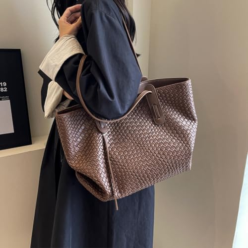 Image of Womens Fashion Luxury Large Leather Woven Leather Tote Handbag Shoulder Bag Women Top Handle Satchel Handbag Work