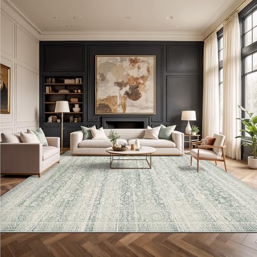 Image of 8x10 Foldable Rug Sage Green - Floral Abstract Distressed Low Pile Carpet with Honeycomb Non-Slip Backing, Soft Faux Wool Area Rug for Living Room Bedroom (Sage Green,8'x10')