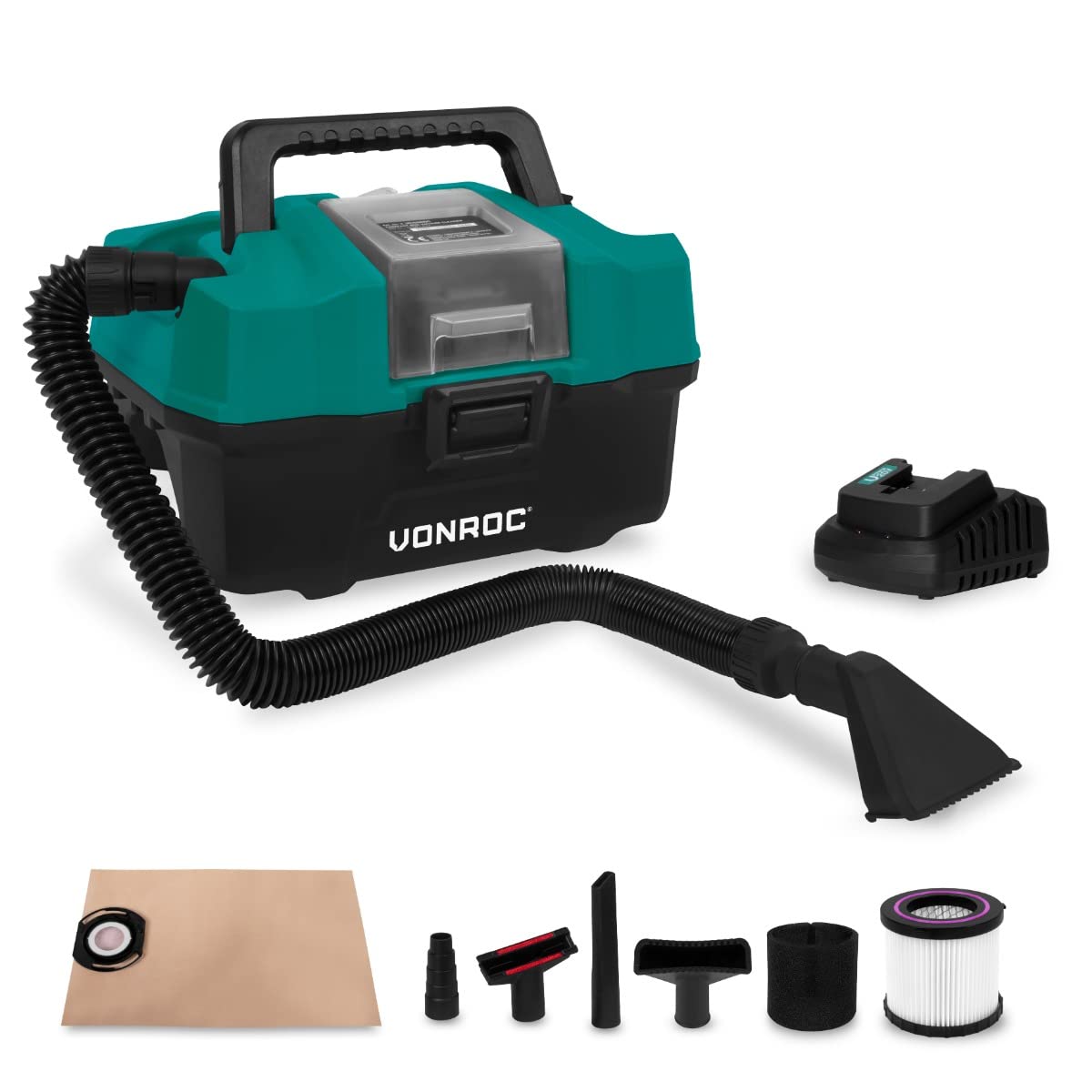 VONROC Aspiratore portatile multifunzione 20V | accessori inclusi | Batteria 2.0Ah e caricatore rapido inclusi