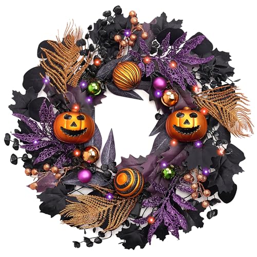 Valery Madelyn Halloween Wreath for Front Door with Lights, 18 Inch...