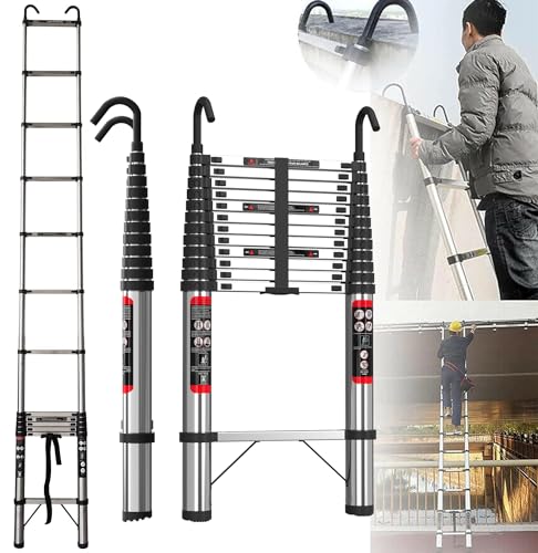 Autofather 5M Teleskopleiter mit Haken Edelstahl Leiter Klappleiter Ausziehleiter Stehleiter Rutschfester, Teleskop-Design, aus hochwertigem Edelstahl, Tragbar, Leichte, Belastbarkeit 150 kg
