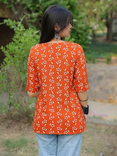 Image of Pinkmint Women's Printed Cotton Blend Short Kurti l All Over Printed V-Cut Neckline Casual Wear Tunic Top's l Ethnic Top's for Girls