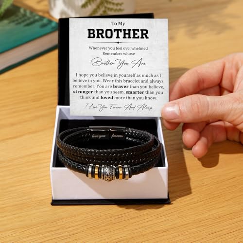 To My Brother Bracelet, Brother Bracelet From Sister, Brothers Bracelets Gift, Braided Leather Stainless Steel Bracelets Gifts For Brothers With Message Card & Box For Wedding Birthday Christmas2