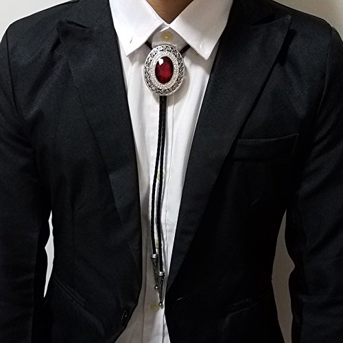 SELOVO Western Big Large Red Rhinestone Western Bolo Tie Genuine Leather Silver Tone