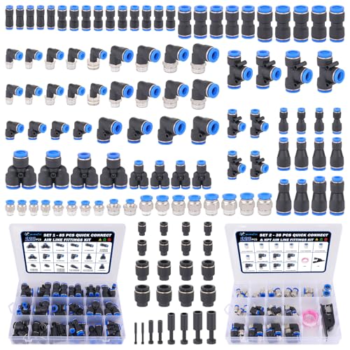 XaXmTee 123 Pcs Quick Connect Air Line Fittings Kit Pneumatic Push Lock Air Fittings 1/8