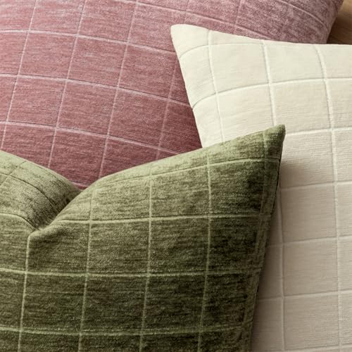 Image of MIULEE Olive Green Plaid Decorative Throw Pillow Covers 18x18 Set of 2 | Vintage Check Chenille Couch Pillows Neutral Boho Farmhouse Cushion Covers Modern Home Decor for Sofa Bed Living Room