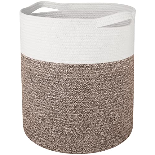 WISELIFE Storage Basket Large Cotton Rope Basket 15"x 15" x 17.2" Baby Laundry Basket with Handle Big Basket Soft Nursery Cube Bin Durable Laundry Hamper for Living Room(White/Brown)