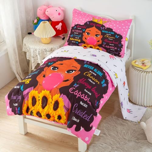 Image of 4 Piece Toddler Bedding Set for Girls,Toddler Black Girl Magic Comforter Set,Black Princess Toddler Bed Comforter Set Includes Comforter, Flat Sheet,Fitted Sheet,Pillowcase