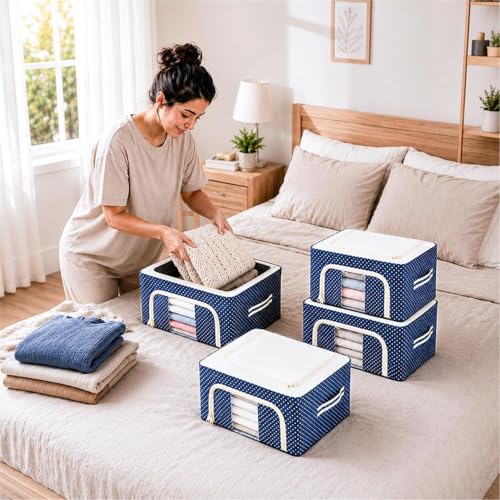 Image of VERAT 4 Pcs 24 Liters Foldable Steel Frame Cloth Organizer with Handle for Storage /Wardrobe Organizer with Zipper /Front & Top Open Almirah Organiser for Sarees /Shirts /Blankets /Clothes Bag-(Blue)