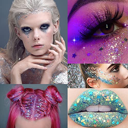 2 Color Body Glitter Gel Mermaid Scale Sequins Skin Long Lasting Sparkling Cream Eyeshadow Lip Nail Hair Painting Glitter Decorate Art Festival Party Make Up Powder (Silver,White),With 2 Sponge Brush #TOP1