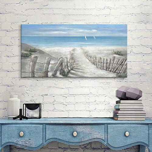 Abstract Beach Path Artwork Picture: Hand Painted Textured Coastal Painting Ocean Canvas Wall Art For Living Room (40” X 20” X 1 Panel) #TOP3