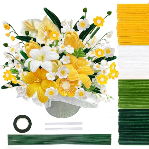 TOAOB 200pcs Pipe Cleaners Yellow White Green Dark Green Daisy Bouquets