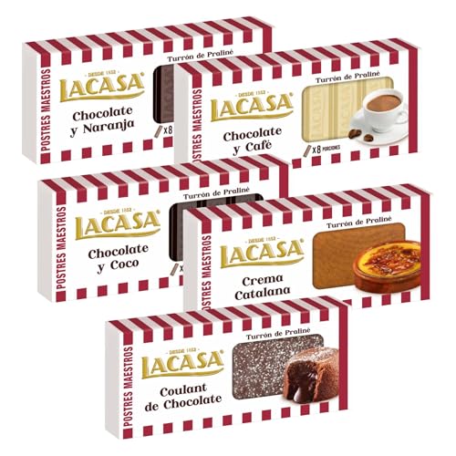 Surtido Turrones Lacasa: 5 tabletas de turrón variadas: Chocolate y almendra, Chocolate y arándanos, Chocolate y café, Chocolate y trufa, Nata y fres